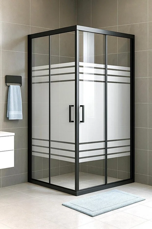 Kare Kumlama Trio Desenli 5 mm Temperli Siyah Profil Sürgülü Cam Duşakabin 190 cm Teknesiz